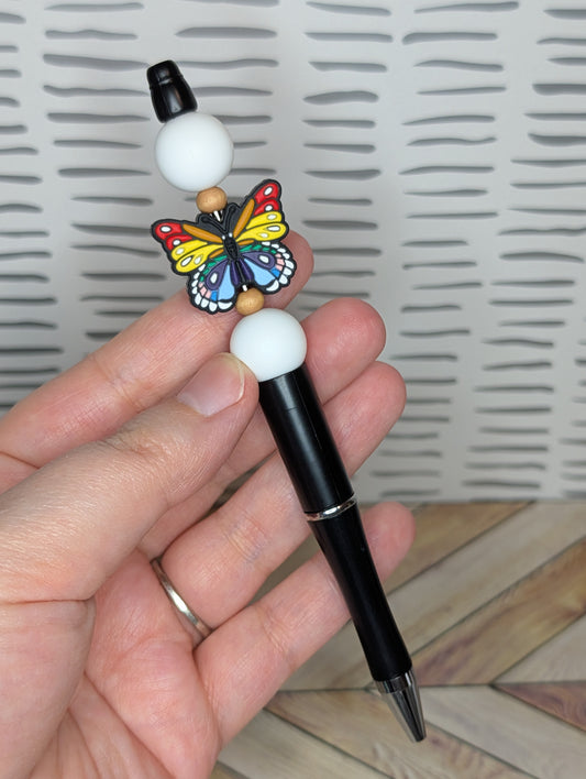 White Rainbow Butterfly Beaded Pen