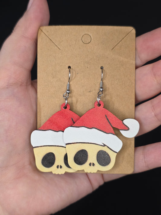 Santa Hat Skull Wooden Earrings